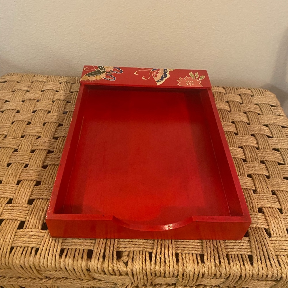 Pier One Hand-Painted Red Floral Desk Tray Organizer. NWT. India.